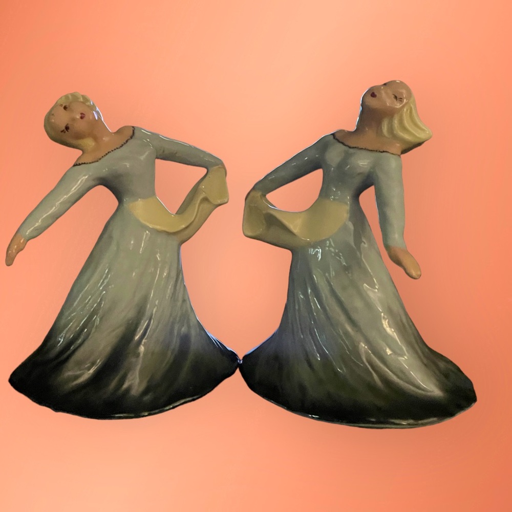 1950’s Heidi Schoop Pair Ladies Dancing Figurines Matching Dresses Blue & Black